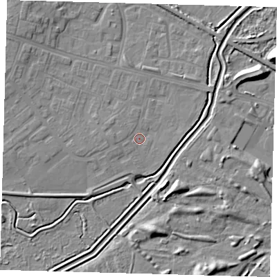 Shaded relief map of the ground around DN379BE, computed from Environment Agency LiDAR. The ground here sits at about 4 m above sea level and falls 11 m across the surrounding 800 m. Surface water reaching this point runs off ground lying to the west-south-west, 1.4 m higher.