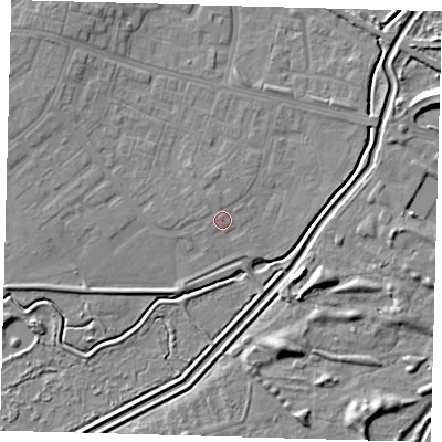 Shaded relief map of the ground around DN379BG, computed from Environment Agency LiDAR. The ground here sits at about 4 m above sea level and falls 7 m across the surrounding 800 m. Surface water reaching this point runs off ground lying to the north-north-west, 1.0 m higher.