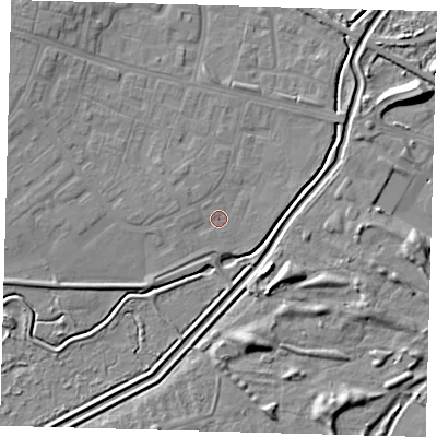 Shaded relief map of the ground around DN379BH, computed from Environment Agency LiDAR. The ground here sits at about 4 m above sea level and falls 9 m across the surrounding 800 m. Surface water reaching this point runs off ground lying to the west-north-west, 1.0 m higher.