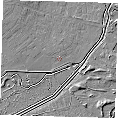 Shaded relief map of the ground around DN379BJ, computed from Environment Agency LiDAR. The ground here sits at about 4 m above sea level and falls 7 m across the surrounding 800 m. Surface water reaching this point runs off ground lying to the north, 1.1 m higher.