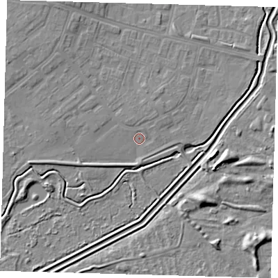 Shaded relief map of the ground around DN379BL, computed from Environment Agency LiDAR. The ground here sits at about 3 m above sea level and falls 7 m across the surrounding 800 m. Surface water reaching this point runs off ground lying to the west-north-west, 2.2 m higher.