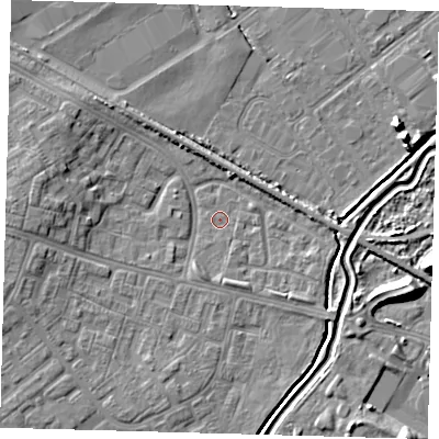 Shaded relief map of the ground around DN379BN, computed from Environment Agency LiDAR. The ground here sits at about 3 m above sea level and falls 10 m across the surrounding 800 m. Surface water reaching this point runs off ground lying to the west-north-west, 5.6 m higher.