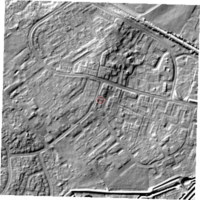 Shaded relief map of the ground around DN379DL, computed from Environment Agency LiDAR. The ground here sits at about 5 m above sea level and falls 6 m across the surrounding 800 m. Surface water reaching this point runs off ground lying to the west-north-west, 0.9 m higher.