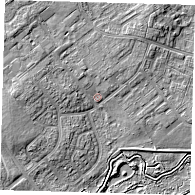 Shaded relief map of the ground around DN379DP, computed from Environment Agency LiDAR. The ground here sits at about 5 m above sea level and falls 8 m across the surrounding 800 m. Surface water reaching this point runs off ground lying to the west, 5.2 m higher.