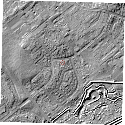 Shaded relief map of the ground around DN379DT, computed from Environment Agency LiDAR. The ground here sits at about 5 m above sea level and falls 8 m across the surrounding 800 m. Surface water reaching this point runs off ground lying to the west-north-west, 4.7 m higher.