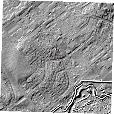 Shaded relief map of the ground around DN379DU, computed from Environment Agency LiDAR. The ground here sits at about 6 m above sea level and falls 8 m across the surrounding 800 m. Surface water reaching this point runs off ground lying to the west-north-west, 3.6 m higher.