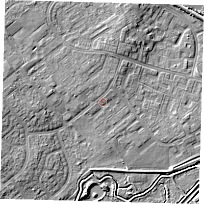 Shaded relief map of the ground around DN379DW, computed from Environment Agency LiDAR. The ground here sits at about 5 m above sea level and falls 7 m across the surrounding 800 m. Surface water reaching this point runs off ground lying to the north-north-west, 1.1 m higher.