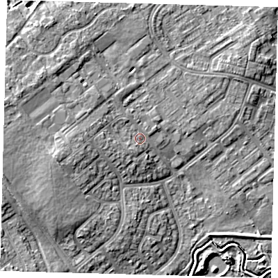 Shaded relief map of the ground around DN379DZ, computed from Environment Agency LiDAR. The ground here sits at about 6 m above sea level and falls 8 m across the surrounding 800 m. Surface water reaching this point runs off ground lying to the west, 2.5 m higher.