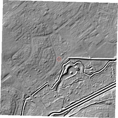 Shaded relief map of the ground around DN379ET, computed from Environment Agency LiDAR. The ground here sits at about 3 m above sea level and falls 8 m across the surrounding 800 m. Surface water reaching this point runs off ground lying to the west-north-west, 6.4 m higher.