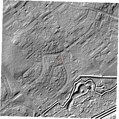 Shaded relief map of the ground around DN379EU, computed from Environment Agency LiDAR. The ground here sits at about 4 m above sea level and falls 8 m across the surrounding 800 m. Surface water reaching this point runs off ground lying to the west-north-west, 5.7 m higher.