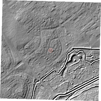 Shaded relief map of the ground around DN379EX, computed from Environment Agency LiDAR. The ground here sits at about 5 m above sea level and falls 8 m across the surrounding 800 m. Surface water reaching this point runs off ground lying to the north-north-west, 1.5 m higher.