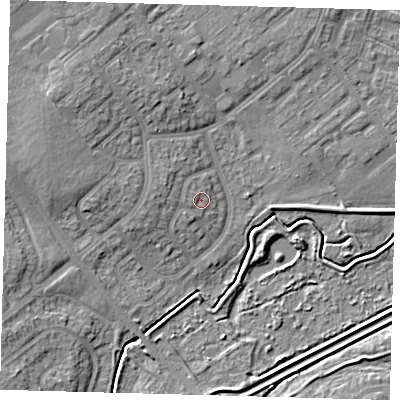 Shaded relief map of the ground around DN379EY, computed from Environment Agency LiDAR. The ground here sits at about 5 m above sea level and falls 8 m across the surrounding 800 m. Surface water reaching this point runs off ground lying to the west-north-west, 1.7 m higher.