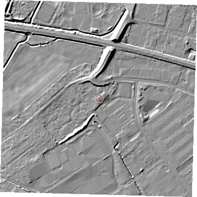 Shaded relief map of the ground around DN379FB, computed from Environment Agency LiDAR. The ground here sits at about 4 m above sea level and falls 10 m across the surrounding 800 m. Surface water reaching this point runs off ground lying to the north-north-east, 0.6 m higher.