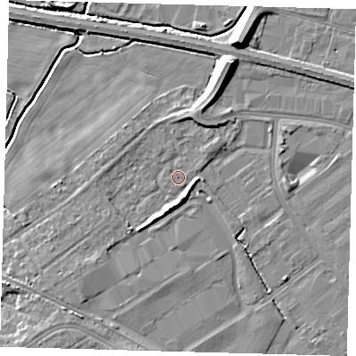 Shaded relief map of the ground around DN379FD, computed from Environment Agency LiDAR. The ground here sits at about 3 m above sea level and falls 10 m across the surrounding 800 m. Surface water reaching this point runs off ground lying to the south, 4.4 m higher.