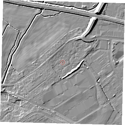 Shaded relief map of the ground around DN379FE, computed from Environment Agency LiDAR. The ground here sits at about 4 m above sea level and falls 10 m across the surrounding 800 m. Surface water reaching this point runs off ground lying to the south, 1.6 m higher.