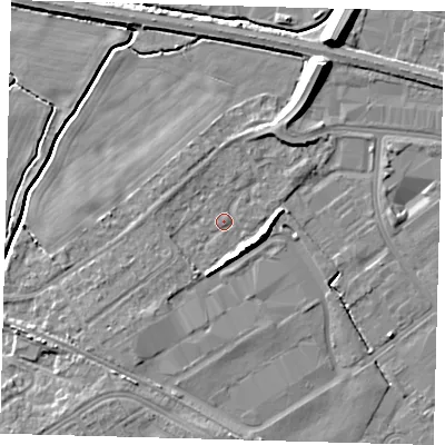 Shaded relief map of the ground around DN379FF, computed from Environment Agency LiDAR. The ground here sits at about 4 m above sea level and falls 10 m across the surrounding 800 m. Surface water reaching this point runs off ground lying to the south-south-west, 1.7 m higher.