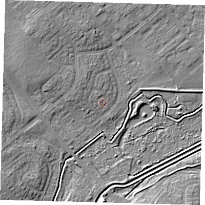 Shaded relief map of the ground around DN379HA, computed from Environment Agency LiDAR. The ground here sits at about 4 m above sea level and falls 8 m across the surrounding 800 m. Surface water reaching this point runs off ground lying to the north-north-west, 1.6 m higher.