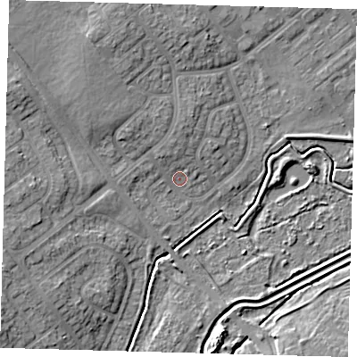 Shaded relief map of the ground around DN379HB, computed from Environment Agency LiDAR. The ground here sits at about 4 m above sea level and falls 9 m across the surrounding 800 m. Surface water reaching this point runs off ground lying to the north, 3.0 m higher.