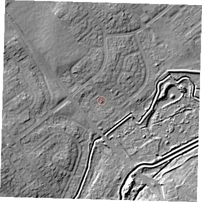 Shaded relief map of the ground around DN379HD, computed from Environment Agency LiDAR. The ground here sits at about 4 m above sea level and falls 10 m across the surrounding 800 m. Surface water reaching this point runs off ground lying to the north, 3.0 m higher.