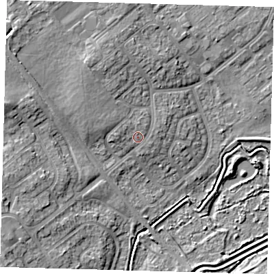 Shaded relief map of the ground around DN379HG, computed from Environment Agency LiDAR. The ground here sits at about 6 m above sea level and falls 10 m across the surrounding 800 m. Surface water reaching this point runs off ground lying to the west-north-west, 1.7 m higher.