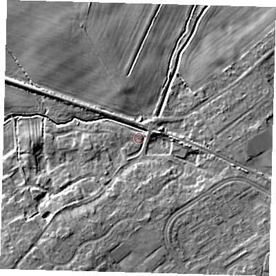 Shaded relief map of the ground around DN379HP, computed from Environment Agency LiDAR. The ground here sits at about 4 m above sea level and falls 8 m across the surrounding 800 m. Surface water reaching this point runs off ground lying to the south-west, 6.9 m higher.