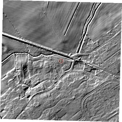 Shaded relief map of the ground around DN379HR, computed from Environment Agency LiDAR. The ground here sits at about 4 m above sea level and falls 9 m across the surrounding 800 m. Surface water reaching this point runs off ground lying to the south-south-west, 6.8 m higher.