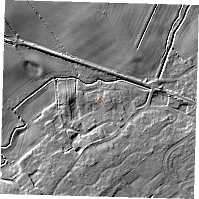 Shaded relief map of the ground around DN379HS, computed from Environment Agency LiDAR. The ground here sits at about 5 m above sea level and falls 9 m across the surrounding 800 m. Surface water reaching this point runs off ground lying to the south-south-west, 4.0 m higher.