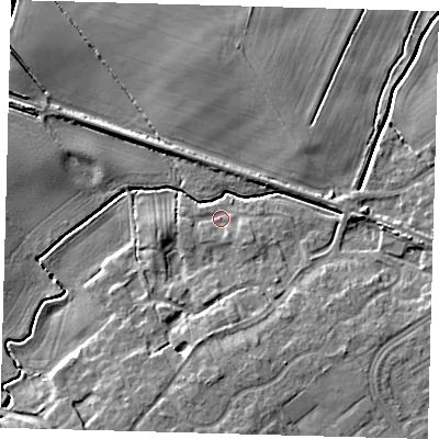 Shaded relief map of the ground around DN379HT, computed from Environment Agency LiDAR. The ground here sits at about 4 m above sea level and falls 9 m across the surrounding 800 m. Surface water reaching this point runs off ground lying to the south-south-west, 7.2 m higher.