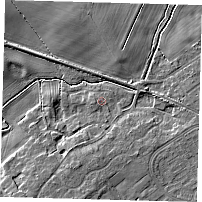 Shaded relief map of the ground around DN379HU, computed from Environment Agency LiDAR. The ground here sits at about 5 m above sea level and falls 9 m across the surrounding 800 m. Surface water reaching this point runs off ground lying to the south, 1.7 m higher.