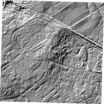 Shaded relief map of the ground around DN379HZ, computed from Environment Agency LiDAR. The ground here sits at about 7 m above sea level and falls 6 m across the surrounding 800 m. The ground contributing surface water to this point lies to the north-north-west.