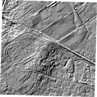 Shaded relief map of the ground around DN379JA, computed from Environment Agency LiDAR. The ground here sits at about 5 m above sea level and falls 6 m across the surrounding 800 m. Surface water reaching this point runs off ground lying to the west, 1.4 m higher.