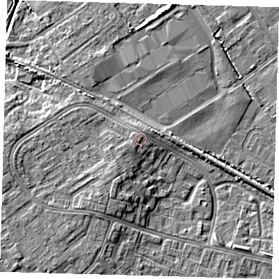Shaded relief map of the ground around DN379JD, computed from Environment Agency LiDAR. The ground here sits at about 6 m above sea level and falls 7 m across the surrounding 800 m. Surface water reaching this point runs off ground lying to the west-south-west, 0.8 m higher.