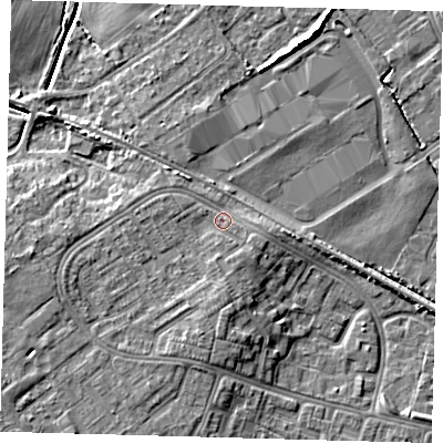 Shaded relief map of the ground around DN379JE, computed from Environment Agency LiDAR. The ground here sits at about 5 m above sea level and falls 7 m across the surrounding 800 m. Surface water reaching this point runs off ground lying to the west, 2.8 m higher.
