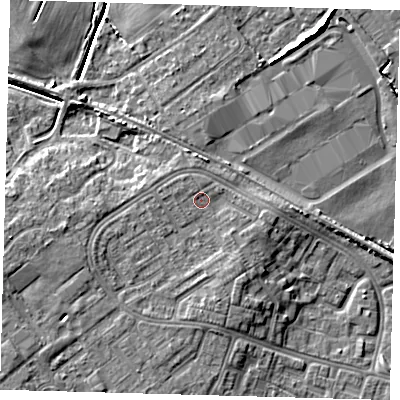 Shaded relief map of the ground around DN379JF, computed from Environment Agency LiDAR. The ground here sits at about 5 m above sea level and falls 7 m across the surrounding 800 m. Surface water reaching this point runs off ground lying to the west-south-west, 2.8 m higher.