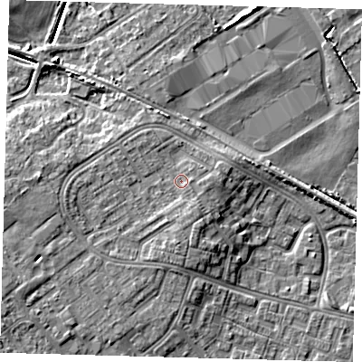 Shaded relief map of the ground around DN379JG, computed from Environment Agency LiDAR. The ground here sits at about 6 m above sea level and falls 7 m across the surrounding 800 m. Surface water reaching this point runs off ground lying to the south-south-east, 1.3 m higher.