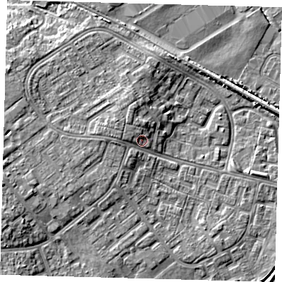 Shaded relief map of the ground around DN379JY, computed from Environment Agency LiDAR. The ground here sits at about 5 m above sea level and falls 6 m across the surrounding 800 m. Surface water reaching this point runs off ground lying to the north-north-west, 2.1 m higher.