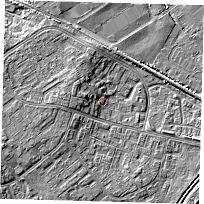 Shaded relief map of the ground around DN379JZ, computed from Environment Agency LiDAR. The ground here sits at about 4 m above sea level and falls 6 m across the surrounding 800 m. Surface water reaching this point runs off ground lying to the north-west, 2.5 m higher.