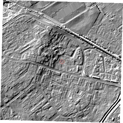Shaded relief map of the ground around DN379LA, computed from Environment Agency LiDAR. The ground here sits at about 3 m above sea level and falls 6 m across the surrounding 800 m. Surface water reaching this point runs off ground lying to the west-north-west, 2.4 m higher.