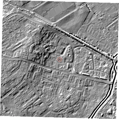 Shaded relief map of the ground around DN379LB, computed from Environment Agency LiDAR. The ground here sits at about 3 m above sea level and falls 6 m across the surrounding 800 m. Surface water reaching this point runs off ground lying to the west-north-west, 4.8 m higher.