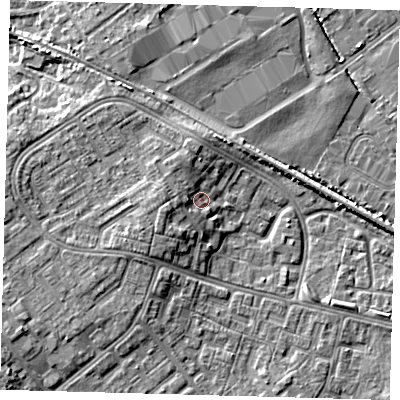 Shaded relief map of the ground around DN379LD, computed from Environment Agency LiDAR. The ground here sits at about 5 m above sea level and falls 5 m across the surrounding 800 m. Surface water reaching this point runs off ground lying to the west-south-west, 3.2 m higher.