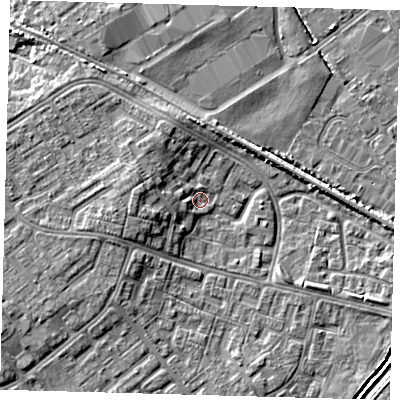 Shaded relief map of the ground around DN379LE, computed from Environment Agency LiDAR. The ground here sits at about 3 m above sea level and falls 6 m across the surrounding 800 m. Surface water reaching this point runs off ground lying to the west, 2.7 m higher.