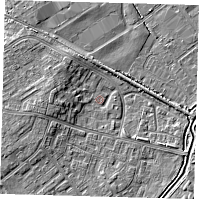 Shaded relief map of the ground around DN379LF, computed from Environment Agency LiDAR. The ground here sits at about 3 m above sea level and falls 6 m across the surrounding 800 m. Surface water reaching this point runs off ground lying to the west, 4.8 m higher.