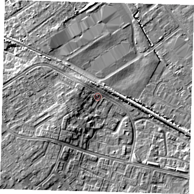 Shaded relief map of the ground around DN379LG, computed from Environment Agency LiDAR. The ground here sits at about 4 m above sea level and falls 5 m across the surrounding 800 m. Surface water reaching this point runs off ground lying to the west-north-west, 2.4 m higher.
