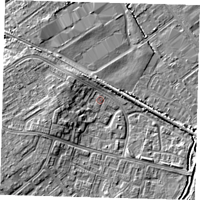 Shaded relief map of the ground around DN379LH, computed from Environment Agency LiDAR. The ground here sits at about 3 m above sea level and falls 6 m across the surrounding 800 m. Surface water reaching this point runs off ground lying to the west-south-west, 4.8 m higher.