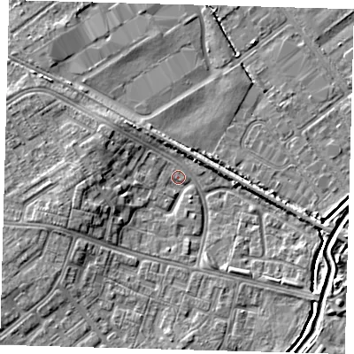 Shaded relief map of the ground around DN379LJ, computed from Environment Agency LiDAR. The ground here sits at about 3 m above sea level and falls 6 m across the surrounding 800 m. Surface water reaching this point runs off ground lying to the west, 4.8 m higher.