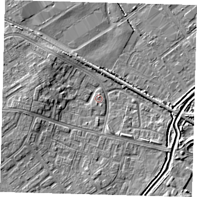 Shaded relief map of the ground around DN379LL, computed from Environment Agency LiDAR. The ground here sits at about 3 m above sea level and falls 6 m across the surrounding 800 m. Surface water reaching this point runs off ground lying to the west, 4.8 m higher.