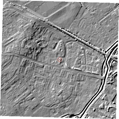 Shaded relief map of the ground around DN379LN, computed from Environment Agency LiDAR. The ground here sits at about 3 m above sea level and falls 6 m across the surrounding 800 m. Surface water reaching this point runs off ground lying to the west-north-west, 4.8 m higher.