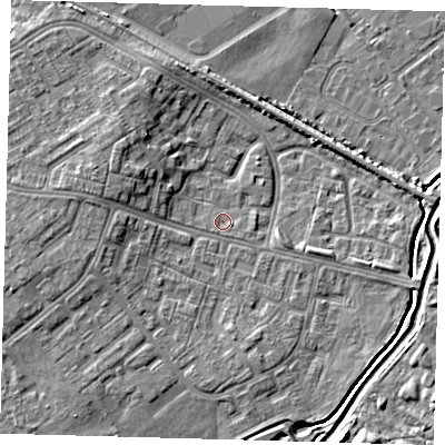 Shaded relief map of the ground around DN379LP, computed from Environment Agency LiDAR. The ground here sits at about 3 m above sea level and falls 7 m across the surrounding 800 m. Surface water reaching this point runs off ground lying to the north-west, 4.8 m higher.