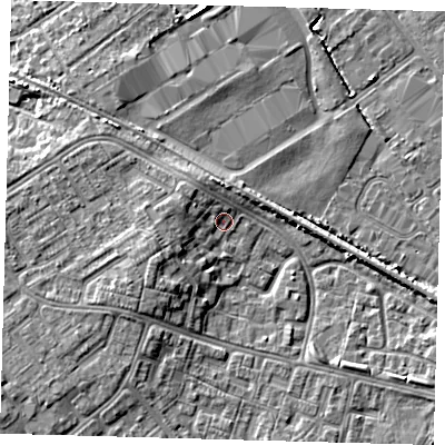 Shaded relief map of the ground around DN379LQ, computed from Environment Agency LiDAR. The ground here sits at about 4 m above sea level and falls 5 m across the surrounding 800 m. Surface water reaching this point runs off ground lying to the west-south-west, 3.3 m higher.