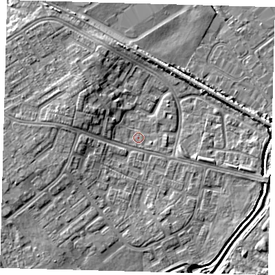 Shaded relief map of the ground around DN379LR, computed from Environment Agency LiDAR. The ground here sits at about 3 m above sea level and falls 6 m across the surrounding 800 m. Surface water reaching this point runs off ground lying to the west-north-west, 2.7 m higher.